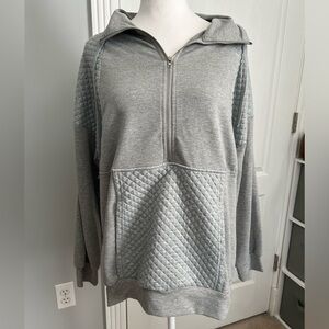 Tickled Teal | Grey Half Zip Pullover | Hoodie Pocket & Quilted Detail | Small